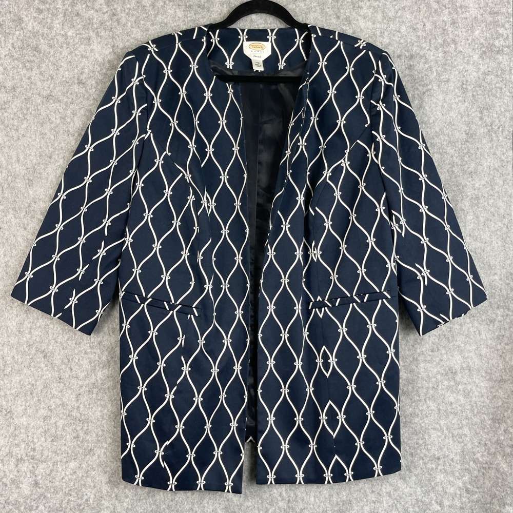 Talbots Long Blazer Jacketโ Womens 14W Blue Geometric 3/4 Sleeve Stretch Cotton